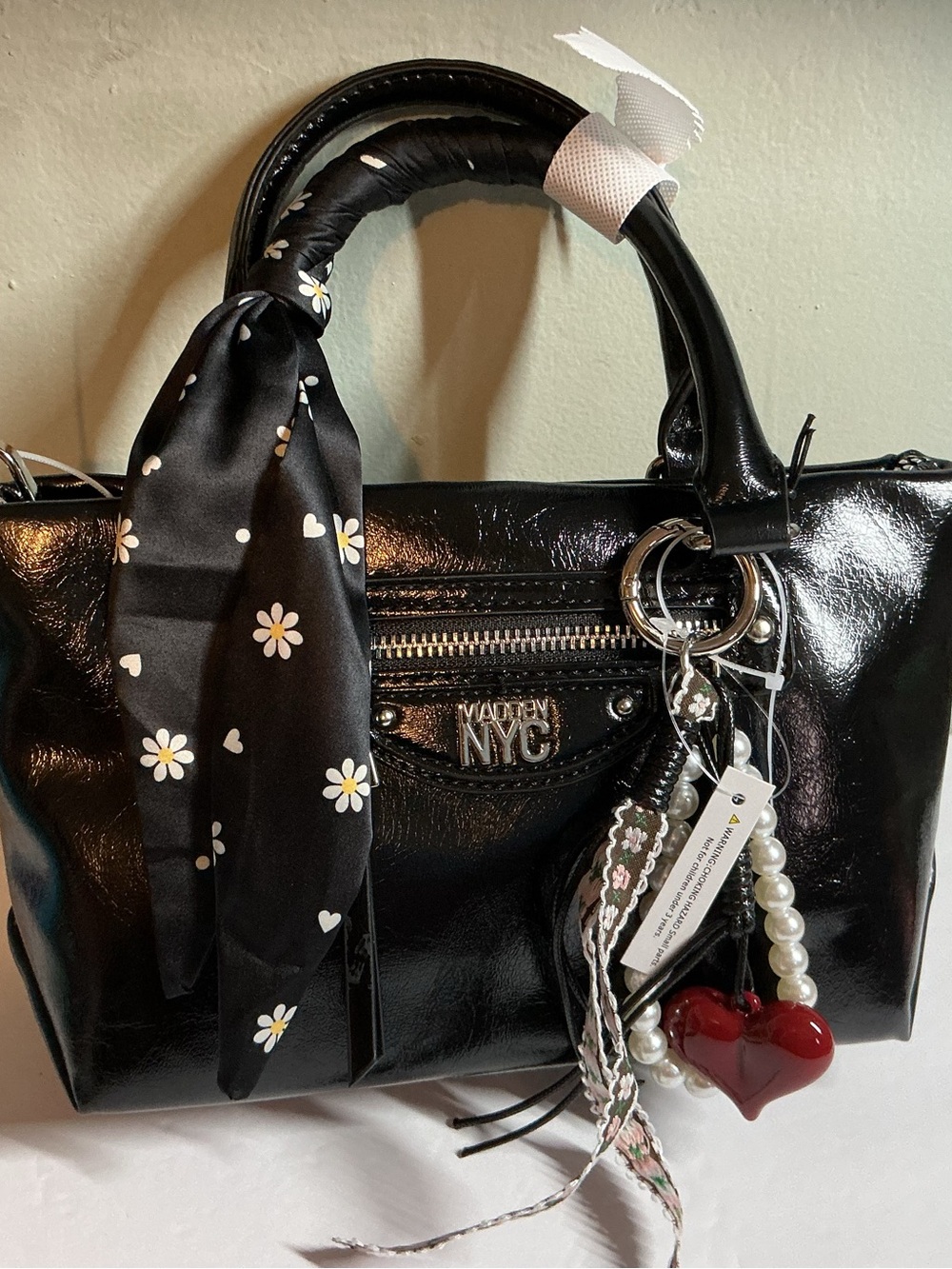 NYC Black Patent Satchel with Daisy Scarf and Heart Charm